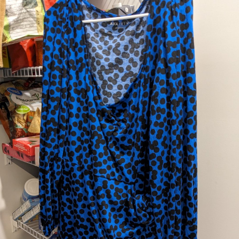 Blue faux wrap dress with black dots
